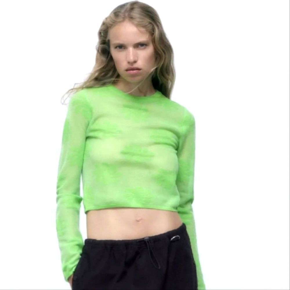 ZARA Mesh Floral Knit Metallic Effect Long Sleeve Neon Green 💚 Top NWT - Picture 7 of 11